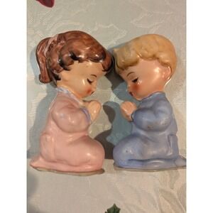 Vintage Praying Children Figurines Pair Ceramic Japan Religious Decor Boy Girl